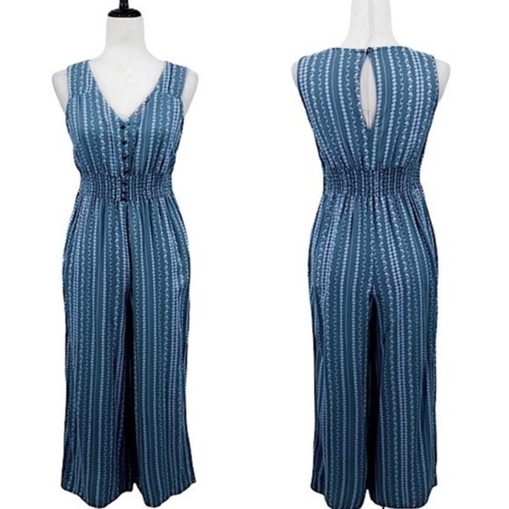 Japna blue white printed boho Aztec sleeveless v neck XS jumpsuit romper